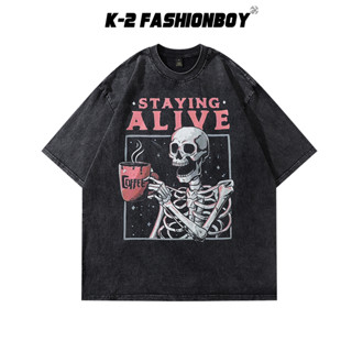 【K-2】STAYING ALIVE 骷髏 咖啡 美式 拿鐵 水洗短T 古著 落肩 寬鬆 上衣 短T【A841】