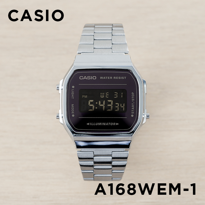 【金台鐘錶】CASIO 卡西歐 簡約電子錶 方型 鋼帶 (復古造型)  A168WEM-1