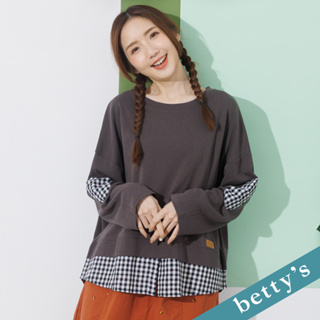 betty’s貝蒂思(21)手肘格子布拼接落肩T-shirt(深灰)