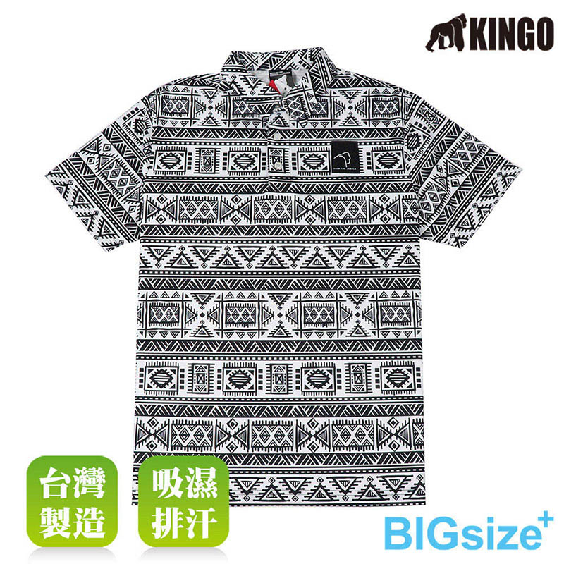 KINGO-大尺碼-男款 民俗風排汗POLO衫-黑-313202