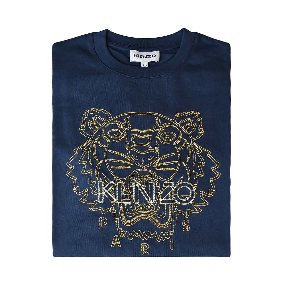 KENZO字母刺繡LOGO老虎標誌設計純棉圓領短袖T恤(女款/深藍)