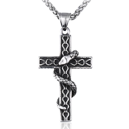 【CLHP073】精緻個性復古十字架騰蛇鑄造鈦鋼墬子項鍊/掛飾