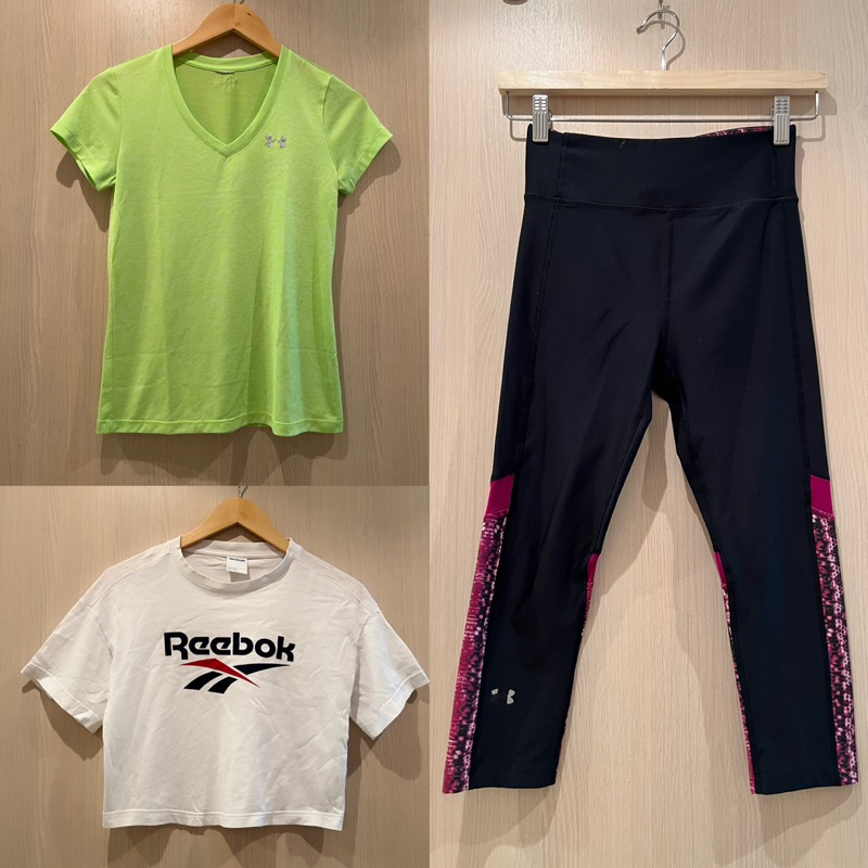 Reebok 白色上衣 under armour 螢光綠上衣 黑色緊身長褲 （ 專櫃 百貨公司 美國 美牌 白色 短袖