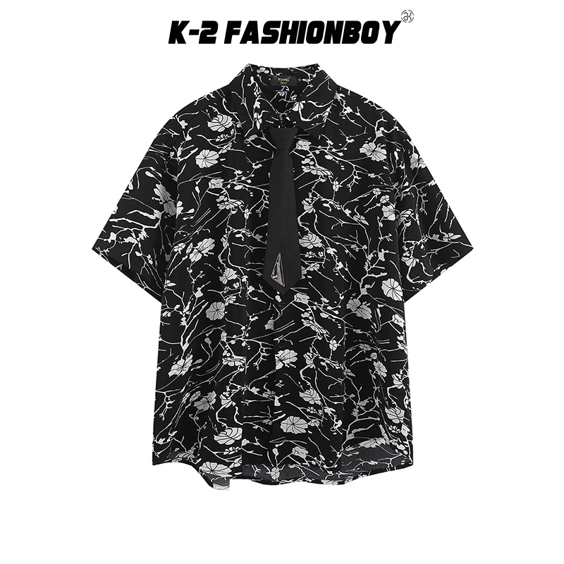 【K-2】領帶設計 花襯衫 短袖襯衫 滿版 黑白撞色 小花 薄襯衫 夏日穿搭 海邊 出國 旅遊 休閒【A663】