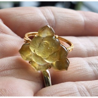 緬甸天然冰膠鮮黃翡18k真金真鑽蓮花戒指！