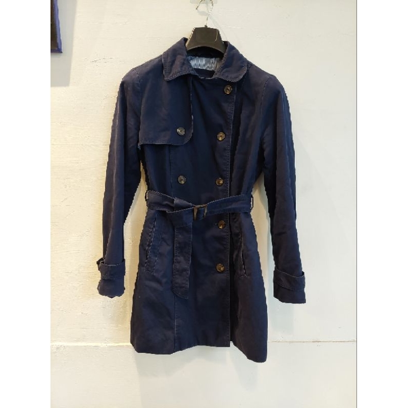 美國購入Gap 深藍色法式風情長版厚帆布外套風衣大衣 M可穿