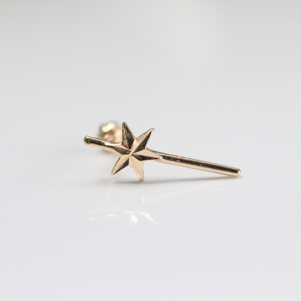 14K Gold Star Stick Piercing 金星星直條鎖珠耳環 (單個)K金 轉珠耳環