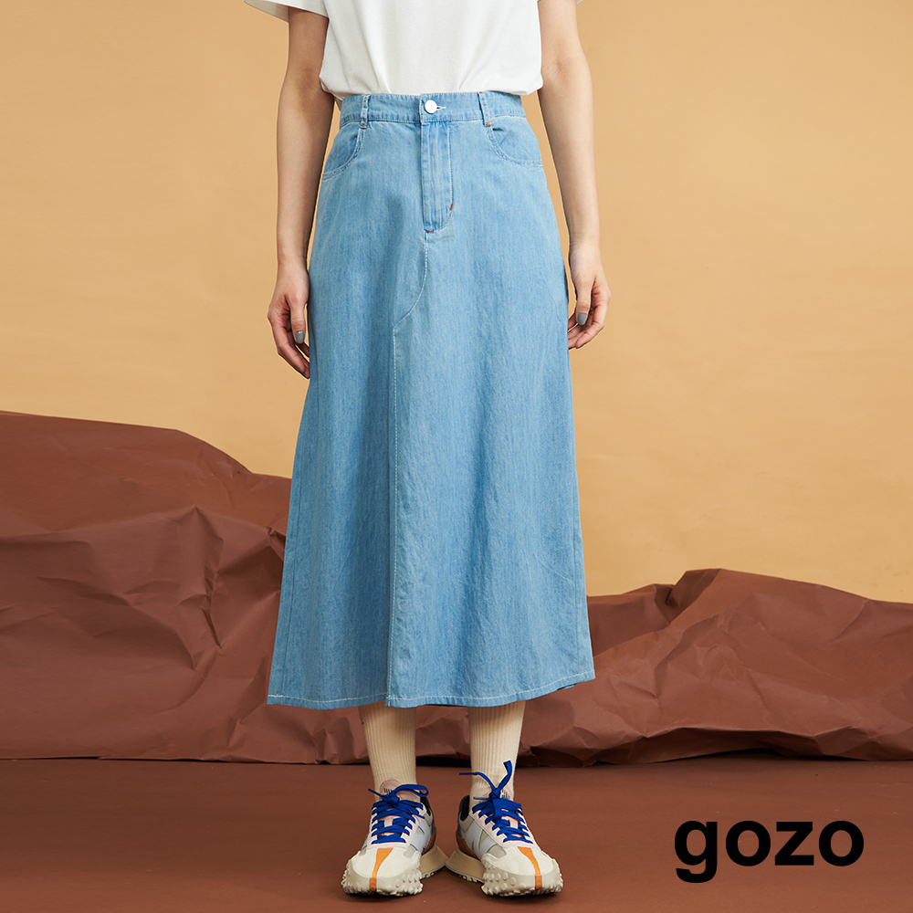 【gozo】壓線牛仔A字裙(淺藍_S/M)｜女裝 顯瘦 休閒
