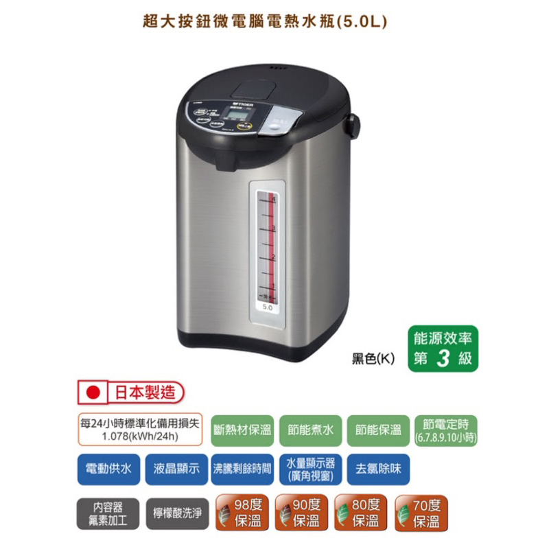 TIGER 虎牌5.0L超大按鈕電熱水瓶_日本製(PDU-A50R)