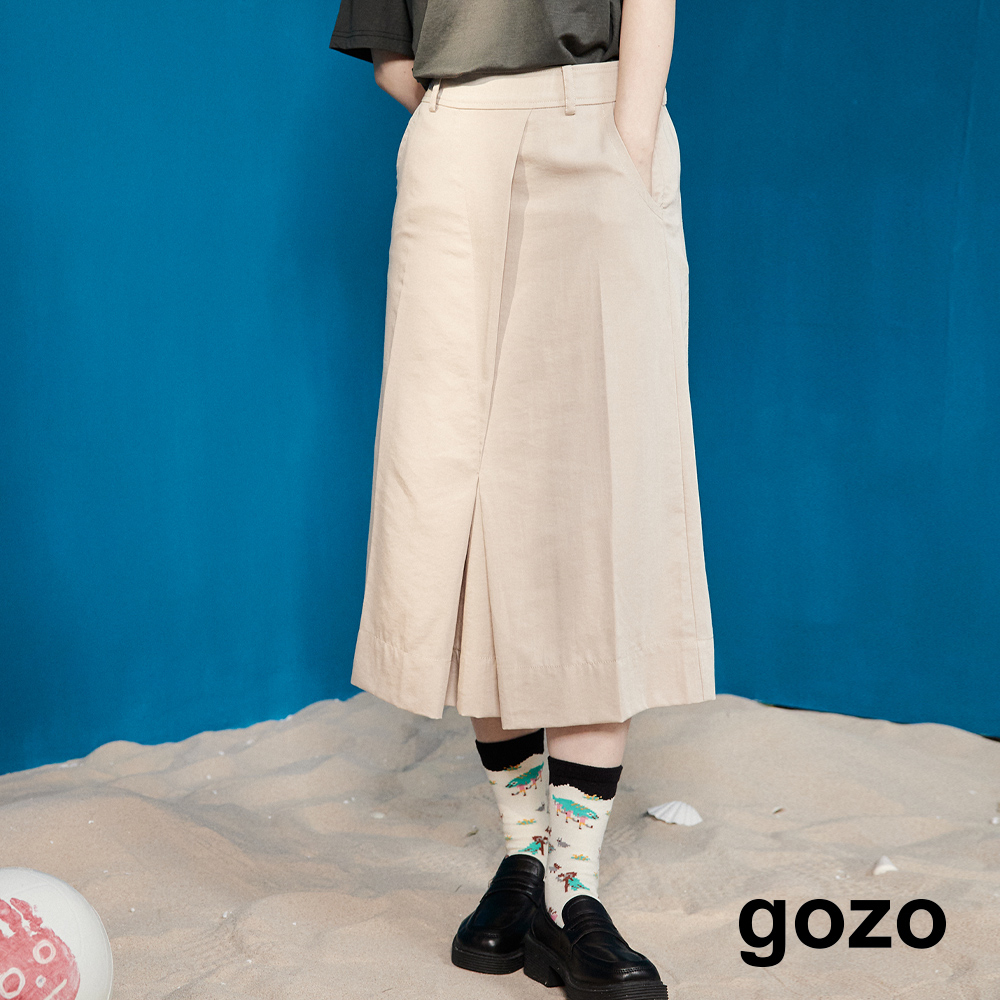 【gozo】涼感合褶直筒A字裙(卡其/深綠_M/L) | 女裝 修身 百搭