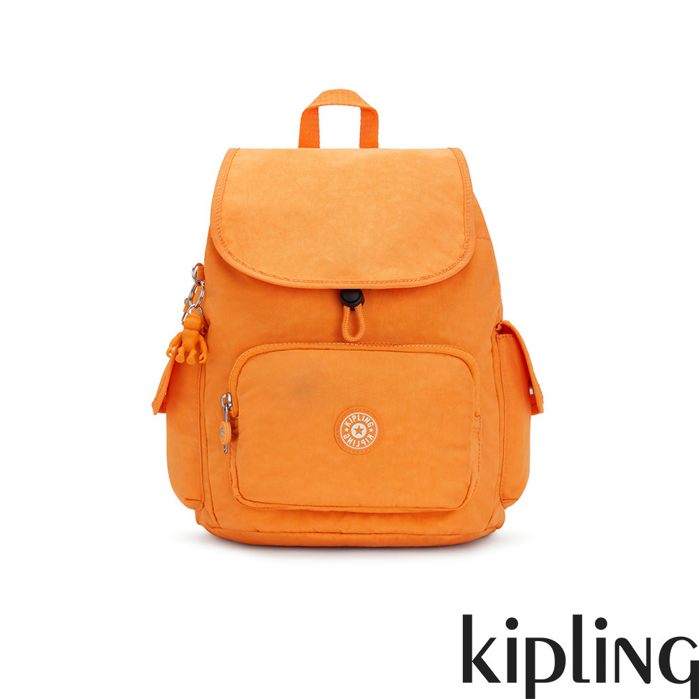 Kipling『猴子包』橘子汽水泡泡色拉鍊掀蓋後背包-CITY PACK S