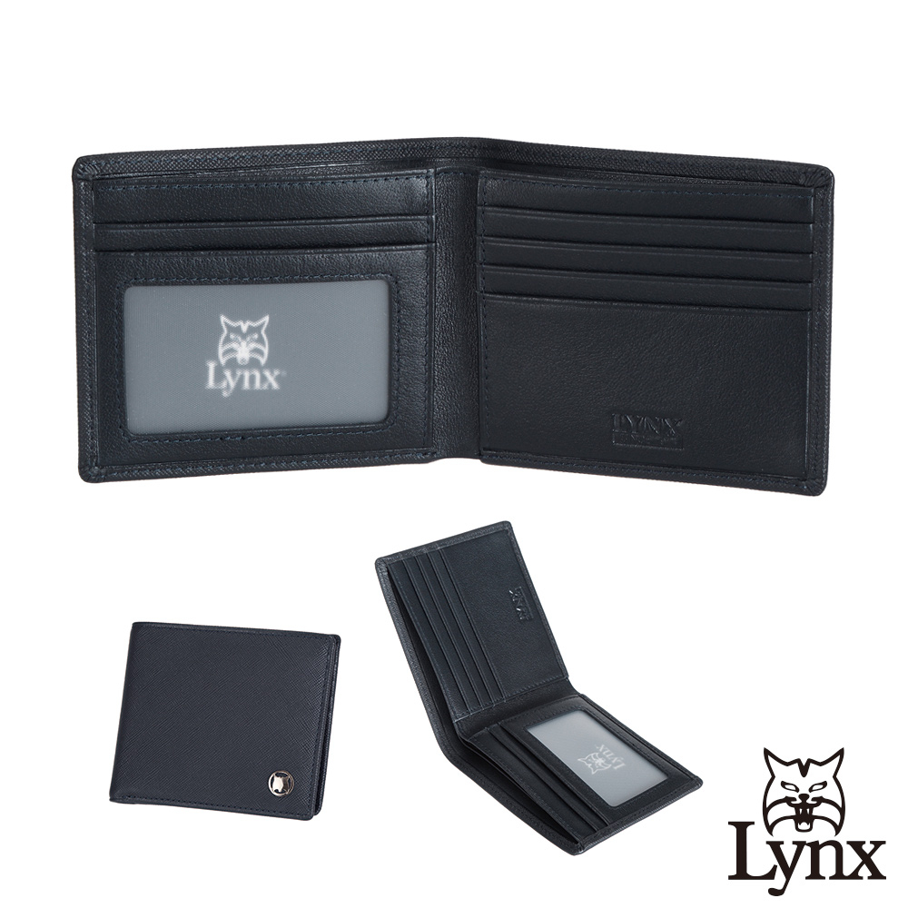 【Lynx】美國山貓十字紋精選牛皮5卡透明窗短夾-藍色 LY16-2171-39