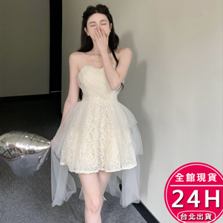 【梨卡】隔日到貨 女裝 平口洋裝 短洋裝 連身裙 露肩洋裝 晚禮服 宴會表演 網紗蕾絲連身短裙 c6537【現貨24h】
