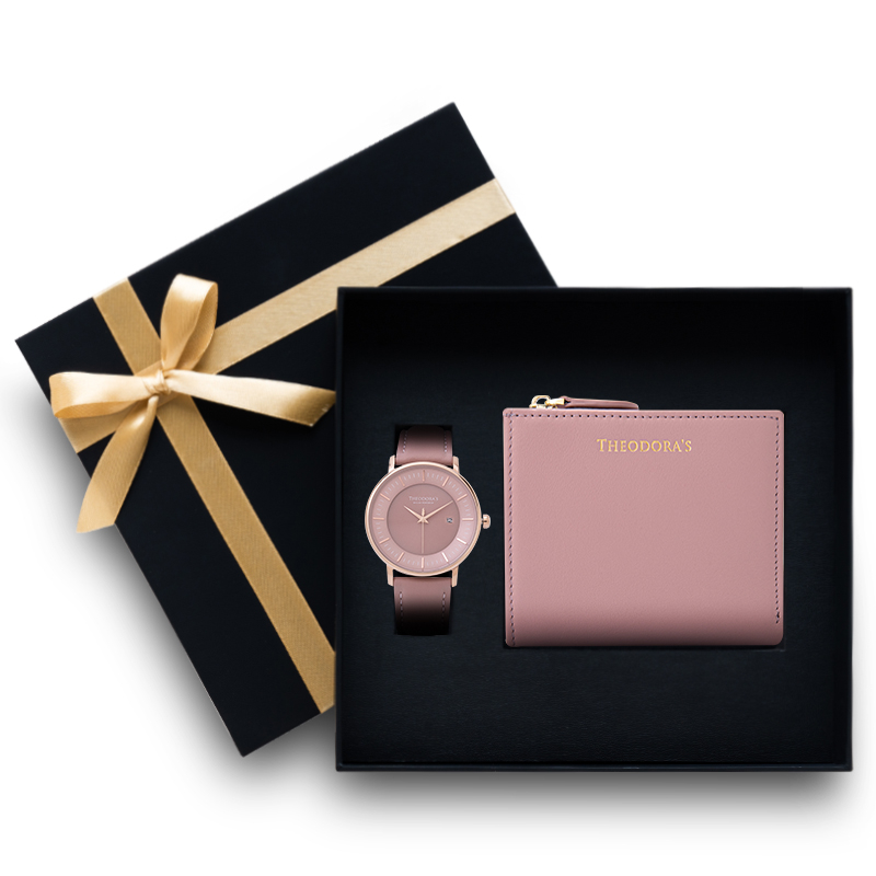 【THEODORA'S】手錶皮夾禮盒-Aurora 女款短夾珊瑚粉【希奧朵拉】