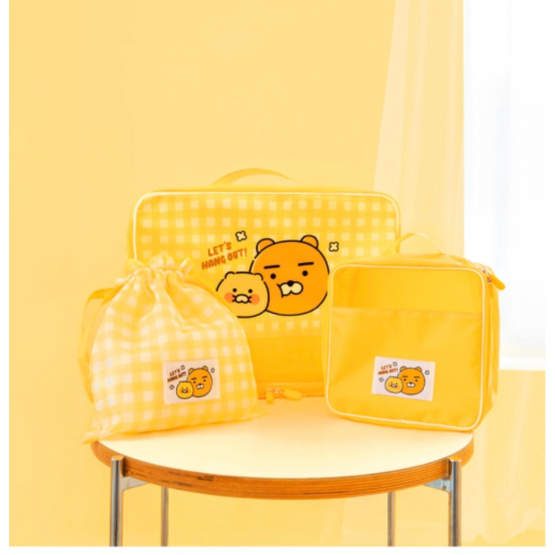 【橘胖】 KAKAO FRIENDS RYAN CHOONSIK 萊恩 春植 黃色 格紋 夏日 收納袋 旅行袋 束口袋