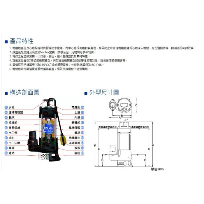 三相 亨龍 1HP 2" 汙物泵浦 水龜 抽水馬達 BL-312 污物廢水 泵浦 沉水馬達 沉水泵浦 抽水 排水