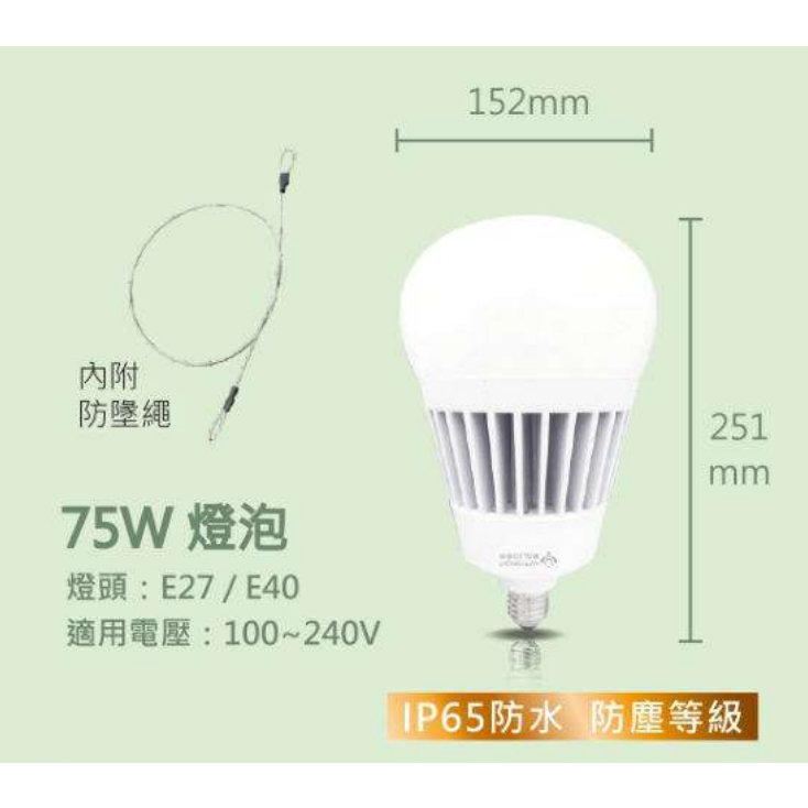 ✨樂亮燈泡✨75W E27 E40 LED大瓦數 白光/黃光 IP65 防水防塵 台灣品牌 挑高工廠 全電壓【光海照明】