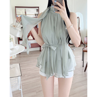 🇰🇷Korea韓國連線·正韓 繞頸綁帶雪紡上衣 背心 無袖上衣 綁帶背心 blouse 不規則 氣質 渡假 女裝
