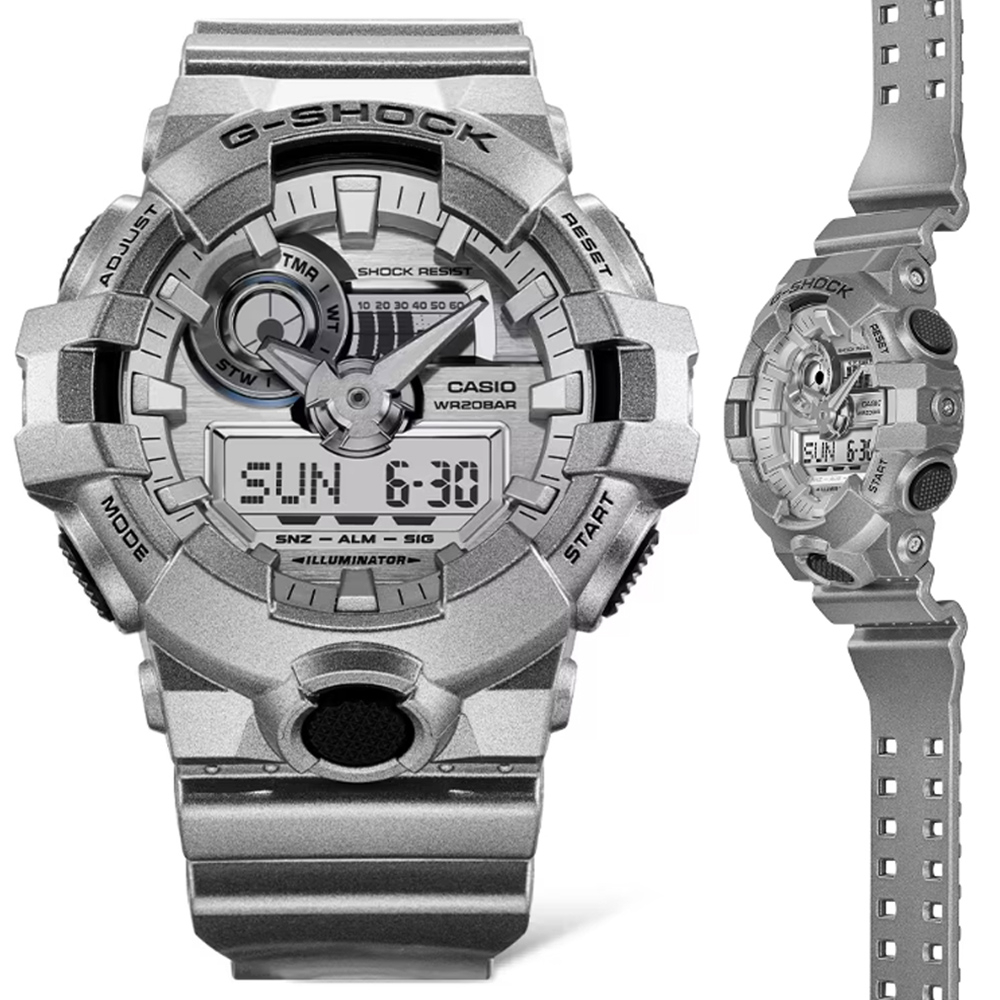 【CASIO 卡西歐】G-SHOCK 科幻未來 金屬銀 強悍大圓雙顯錶(GA-700FF-8A 防水200米)