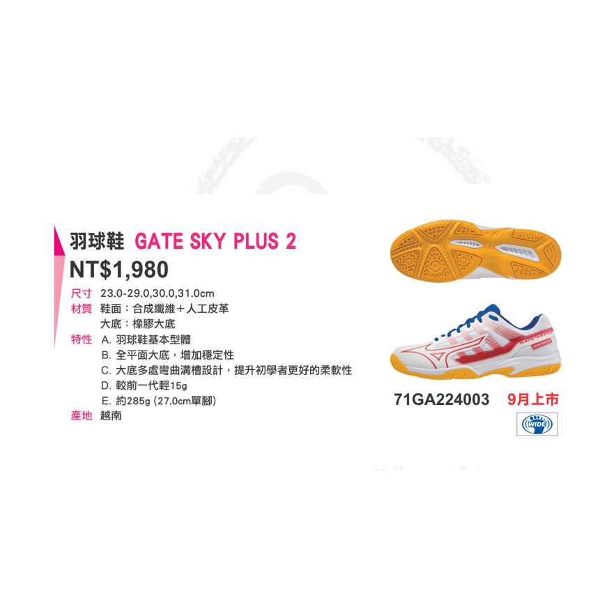 【嘉友體育】美金濃 MIZUNO 71GA224003 GATE SKY PLUS 2 男女款羽球鞋