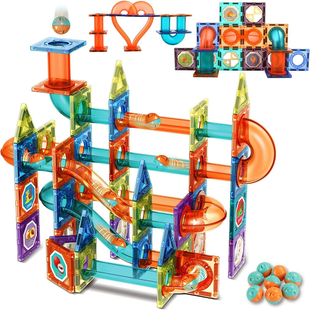 98片 彩色 磁力片 磁鐵積木 磁性積木 磁力片積木 滾珠軌道 軌道磁力片 磁力管道積木 軌道積木 兒童 玩具