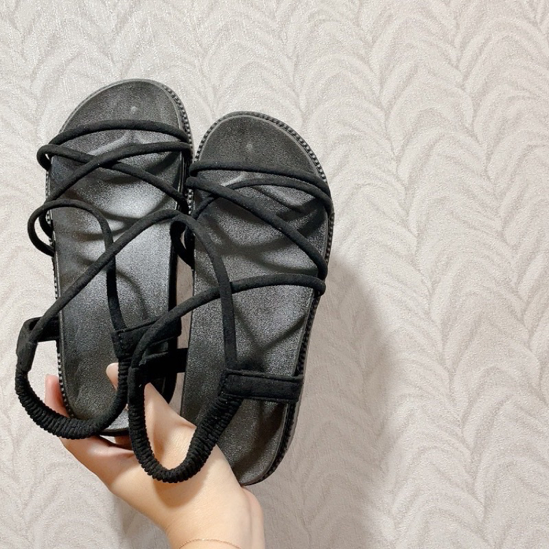 韓國🇰🇷厚底涼鞋 平底涼鞋 羅馬涼鞋 韓國涼鞋麂皮繞繩24.5一雙黑色現貨