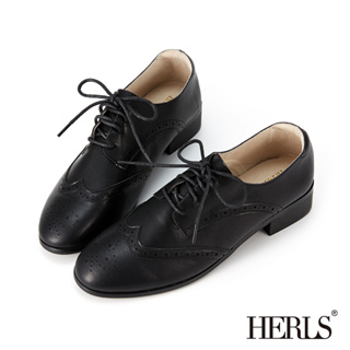 [HERLS 樣品鞋] 全真皮雕花沖孔低跟德比牛津鞋 黑 36號 原價$2580
