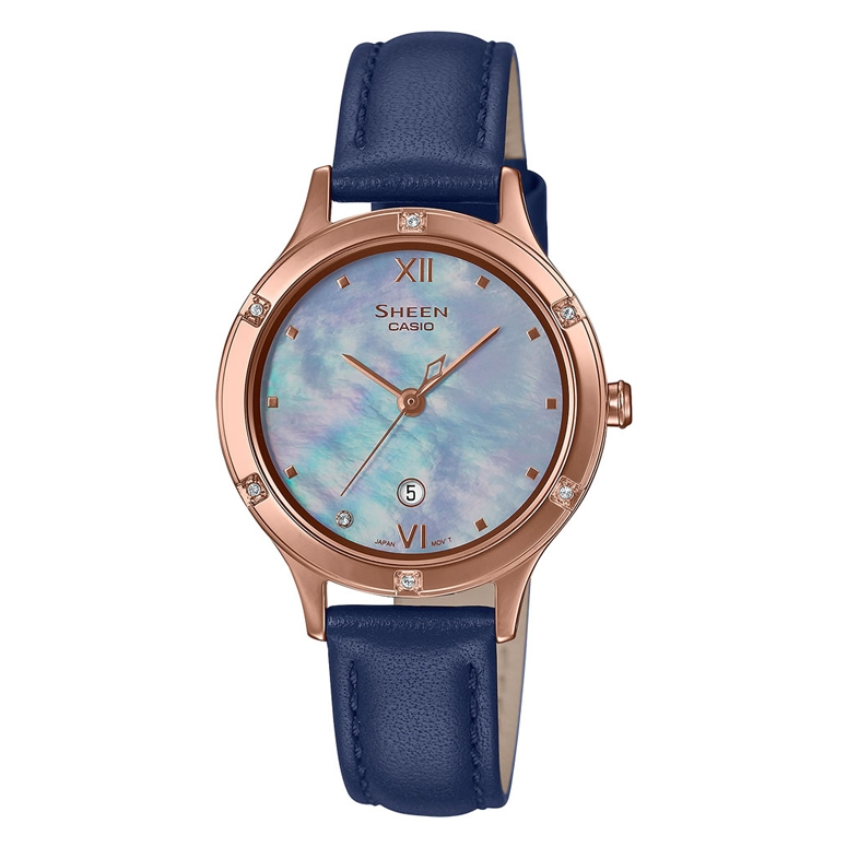 【CASIO 】SHEEN八角造型氣質美人水晶時刻珍珠母貝錶面腕錶-藍色皮帶X粉紫面(SHE-4546PGL-2A)