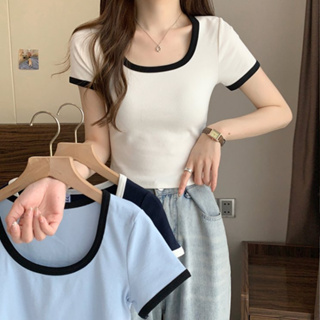 雅麗安娜 短袖上衣 T恤 上衣S-2XL韓系U領短袖修身純棉螺紋夏季正肩小眾上衣T327-6648.無標