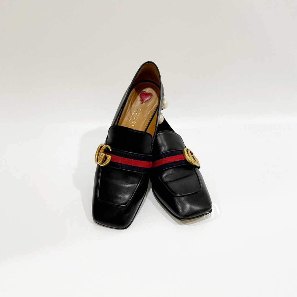 Gucci黑色鑲珠樂福跟鞋(JA0373)