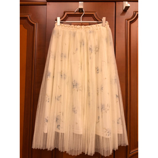 日系米白色碎花網紗百褶雙層氣質中長裙