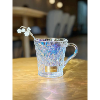 星巴克 Starbucks 白色鈴蘭玻璃杯 送攪拌棒 人魚色 水杯 彩色玻璃 幻彩炫彩 浮雕花朵 櫻花杯