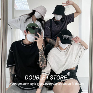 【DOUBLE4】韓國 代購 反車線 明線 情侶 五分T 寬鬆 落肩 休閒 短袖 韓國男裝 36399