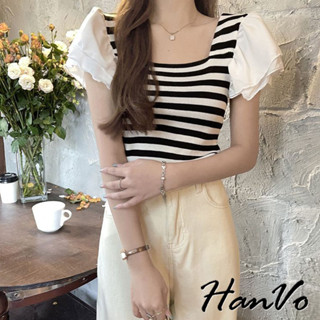 【HanVo】甜美公主泡泡袖方領短袖上衣 韓系親膚透氣舒適百搭上衣 韓國韓系女裝 女生衣著 A01-0071