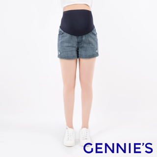 【Gennies 奇妮】彈力托腹孕婦牛仔短褲-藍(T4J15)