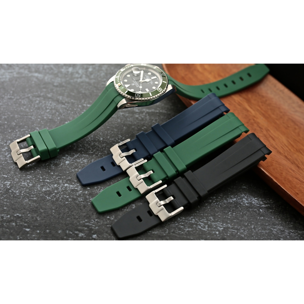 20mm 黑色 藍色 綠色 弧形接口彎頭橡膠錶帶替代 水鬼 遊艇 白蟳