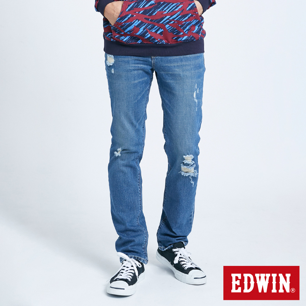 EDWIN 五袋破壞直筒牛仔褲(拔淺藍)-男款