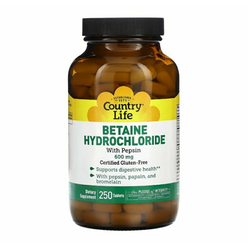 【預購】Country Life Betaine Hydrochloride含胃蛋白酶的鹽酸甜菜鹼600mg 250 片