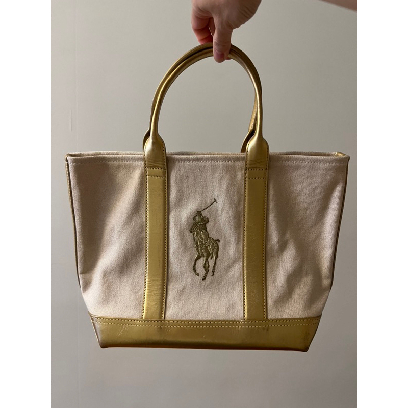 二手Polo Ralph Lauren 米白金色大馬托特包