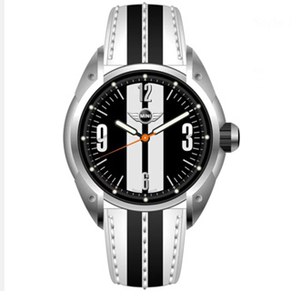 MINI SWISS WATCHES 石英錶 45mm 黑底白條錶面 黑白皮錶帶-黑白
