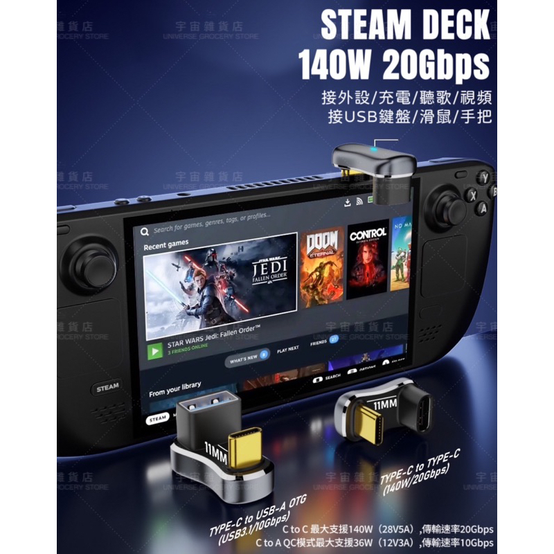 【宇宙雜貨店】台灣現貨 140W Steam Deck U型Type-C轉USB 手機 筆電 遊戲機 充電OTG 二合一