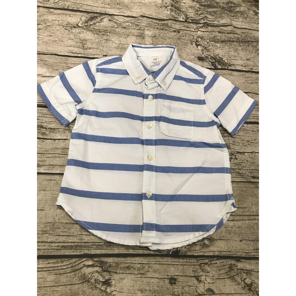 日本 baby gap 藍色 藍白 條紋 短袖 襯衫 口袋 男寶 18-24m 90cm 童裝