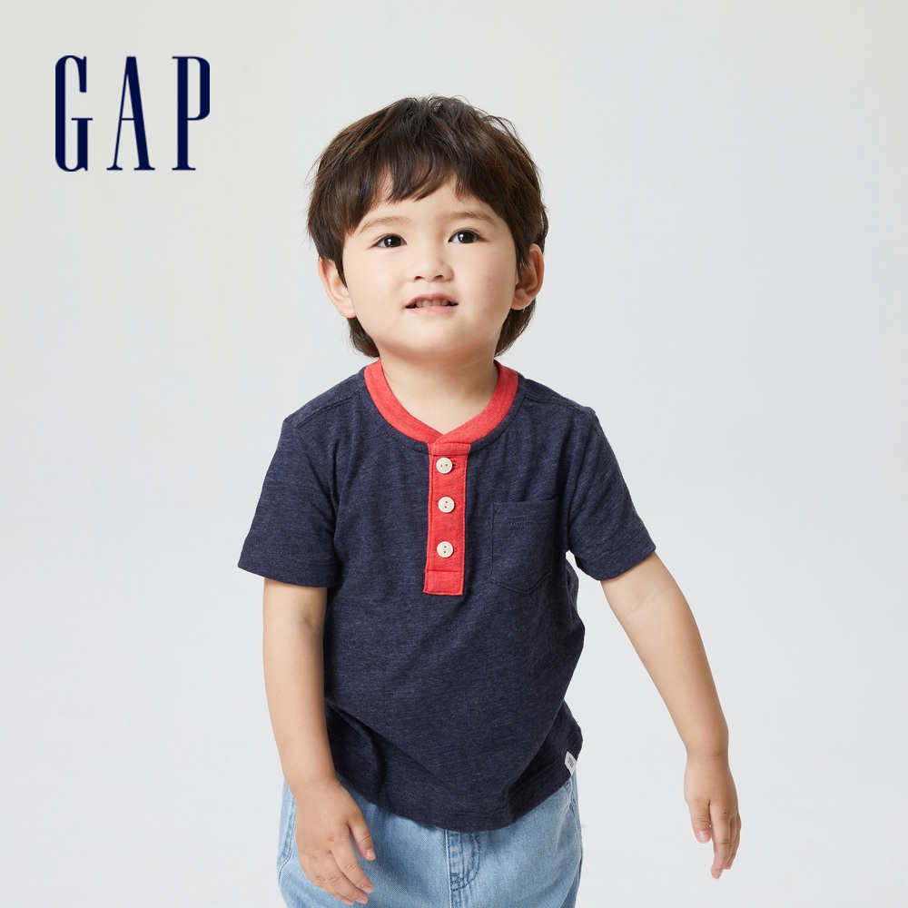 Gap 男幼童裝 撞色亨利領短袖T恤-藍紫色(667321)