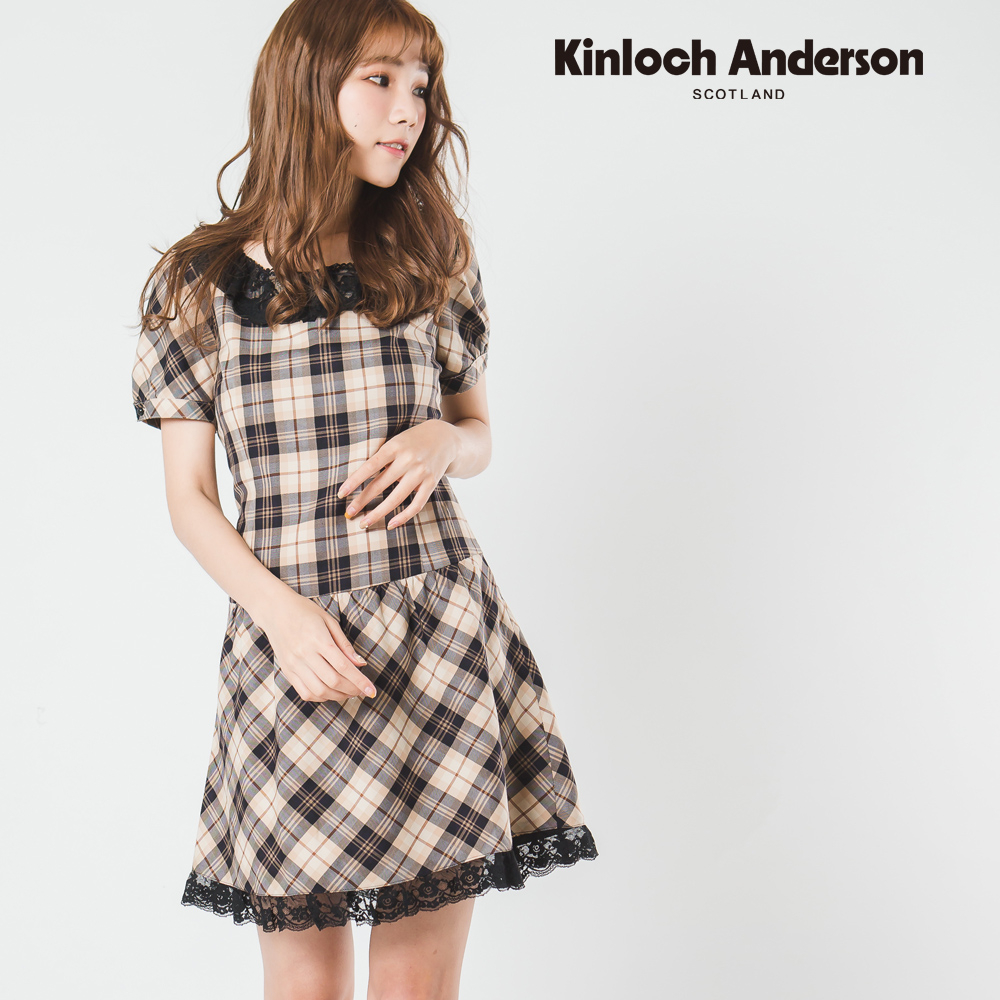 【金安德森女裝】氣質圓領格紋蕾絲洋裝連身裙 卡其 KA016570538 獨家款 Kinloch Anderson