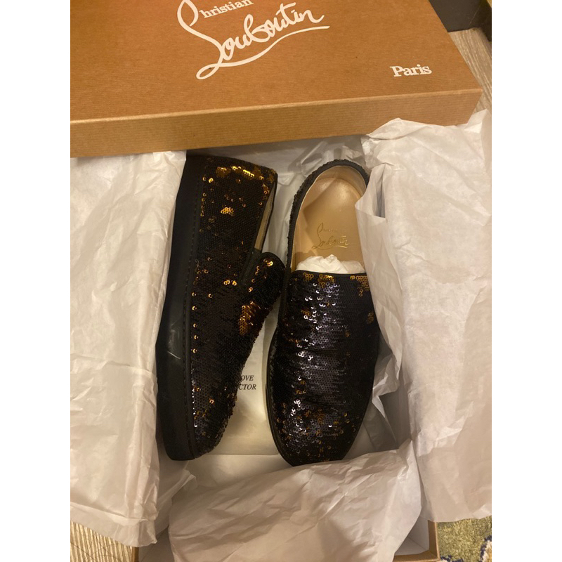 正品Christian Louboutin 紅底鞋一腳蹬 黑金雙色亮片