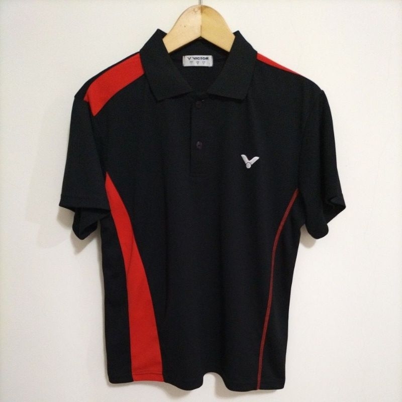 台灣品牌Victor勝利二手黑紅雙色有領短袖上衣