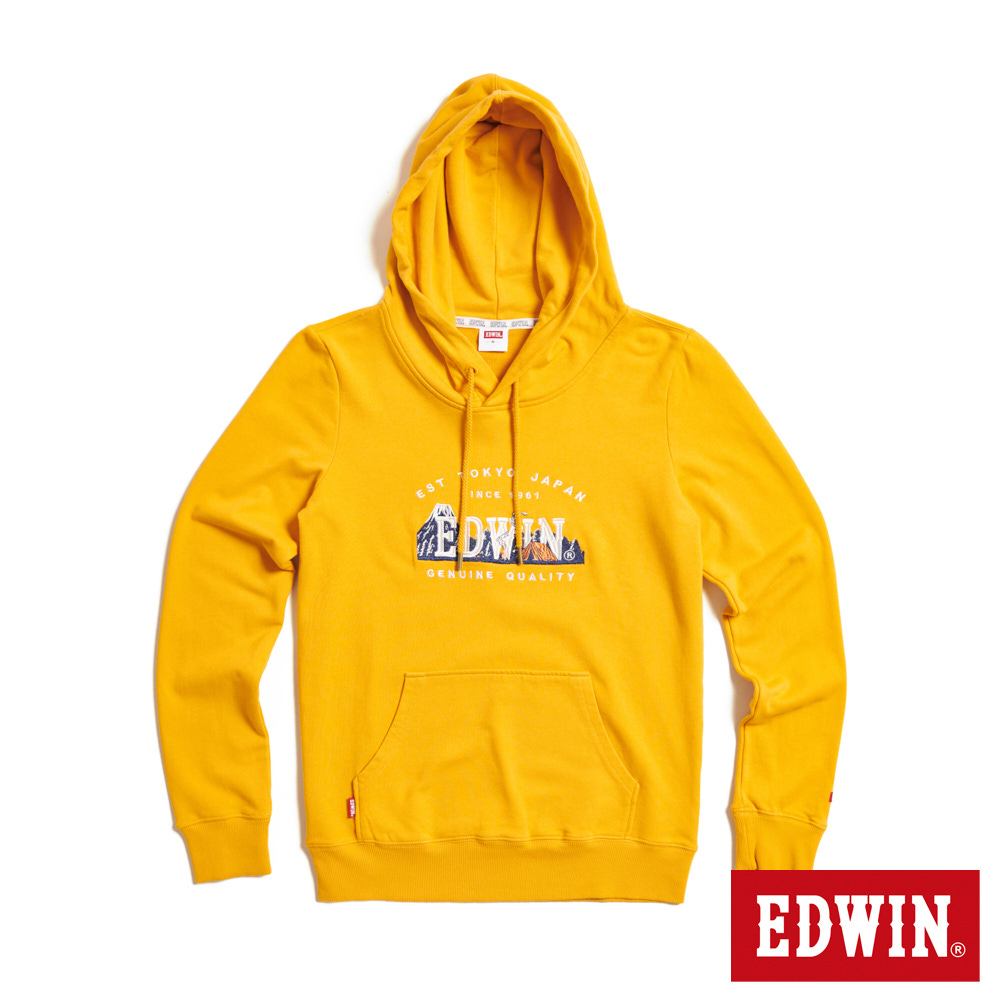 EDWIN 露營系列 富士山刺繡LOGO連帽長袖T恤(桔黃色)-女款