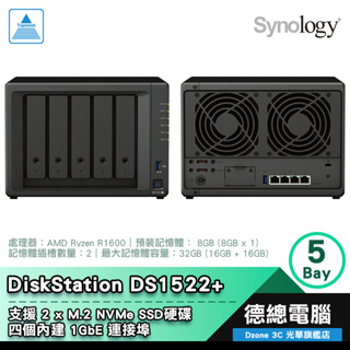 Synology 群暉 DS1522+ NAS 5Bay 網路儲存伺服器 AMD 8GB HAT3300 光華商場