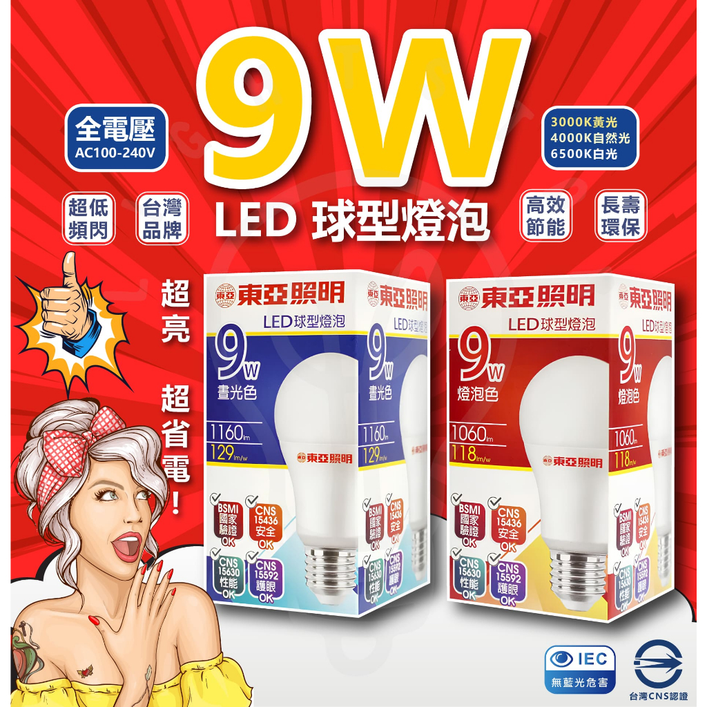 NEW東亞 LED 9W燈泡 球型燈泡 省電燈泡 節能燈泡 球泡燈 白光/黃光/自然光同樣舊款 10W