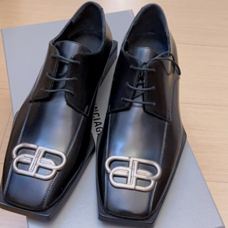 全新 Balenciaga BB Logo Derby 方頭 德比 皮鞋 black silver 39號